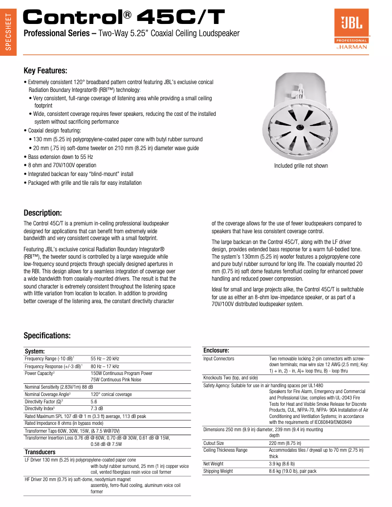 Page 1 de la notice Fiche technique JBL Control 45C/T