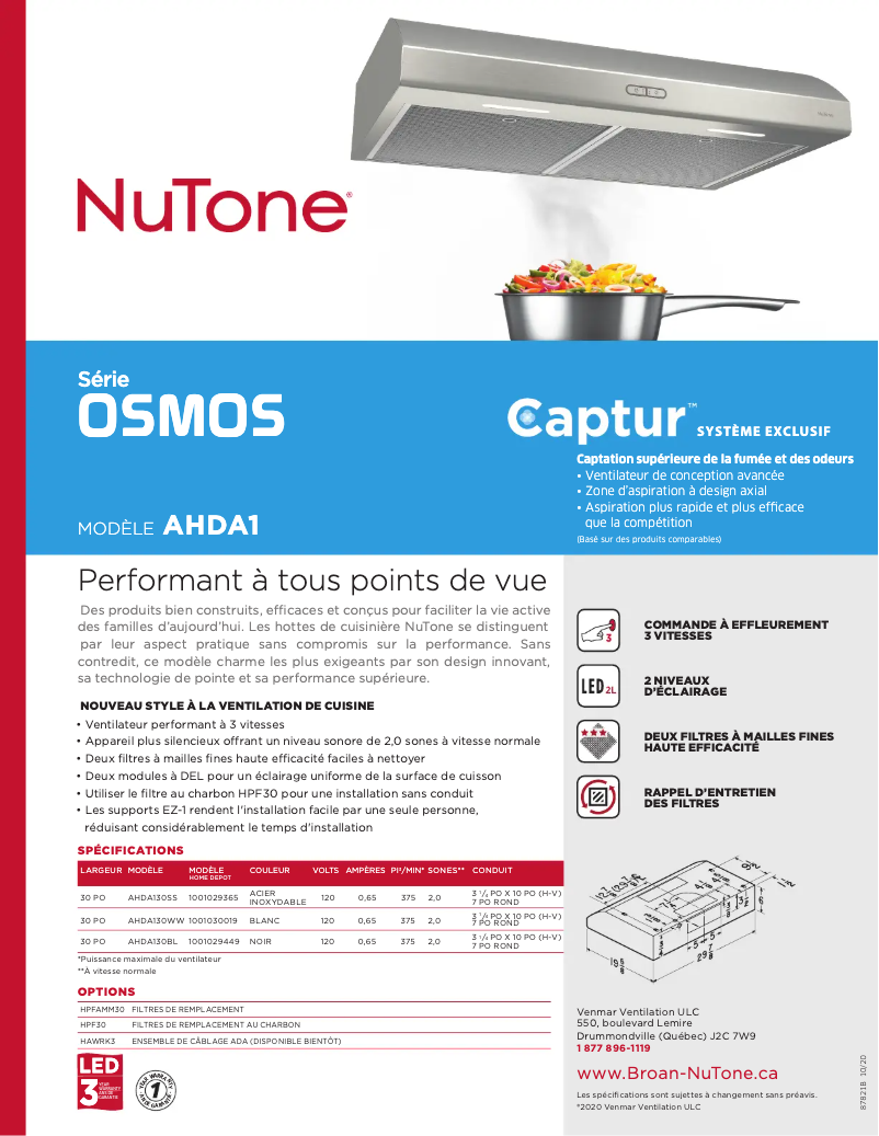 Page 1 de la notice Brochure NuTone AHDA130BL