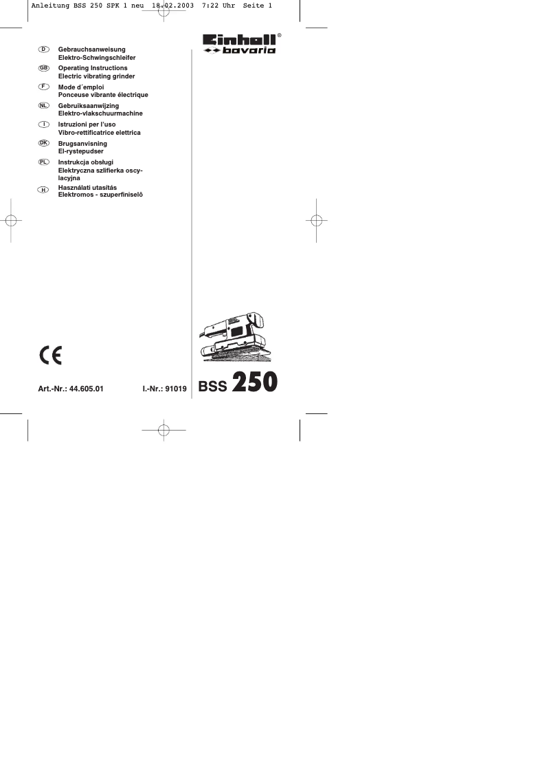 Page 1 de la notice Manuel utilisateur Einhell Bavaria BSS 250