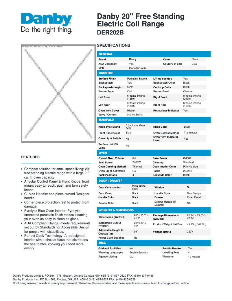 Page n°1 - Fiche technique Danby DER202B