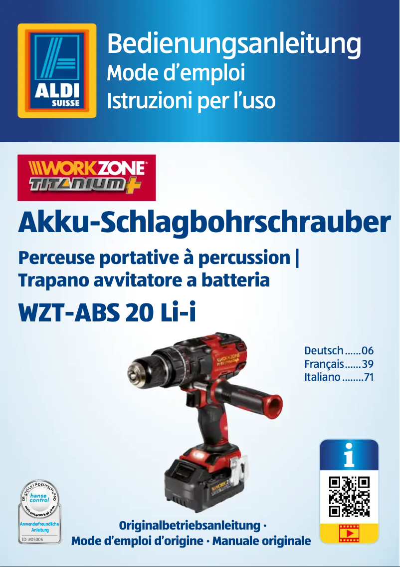 Page n°1 - Manuel utilisateur Workzone Titanium WZT-ABS 20 Li-i