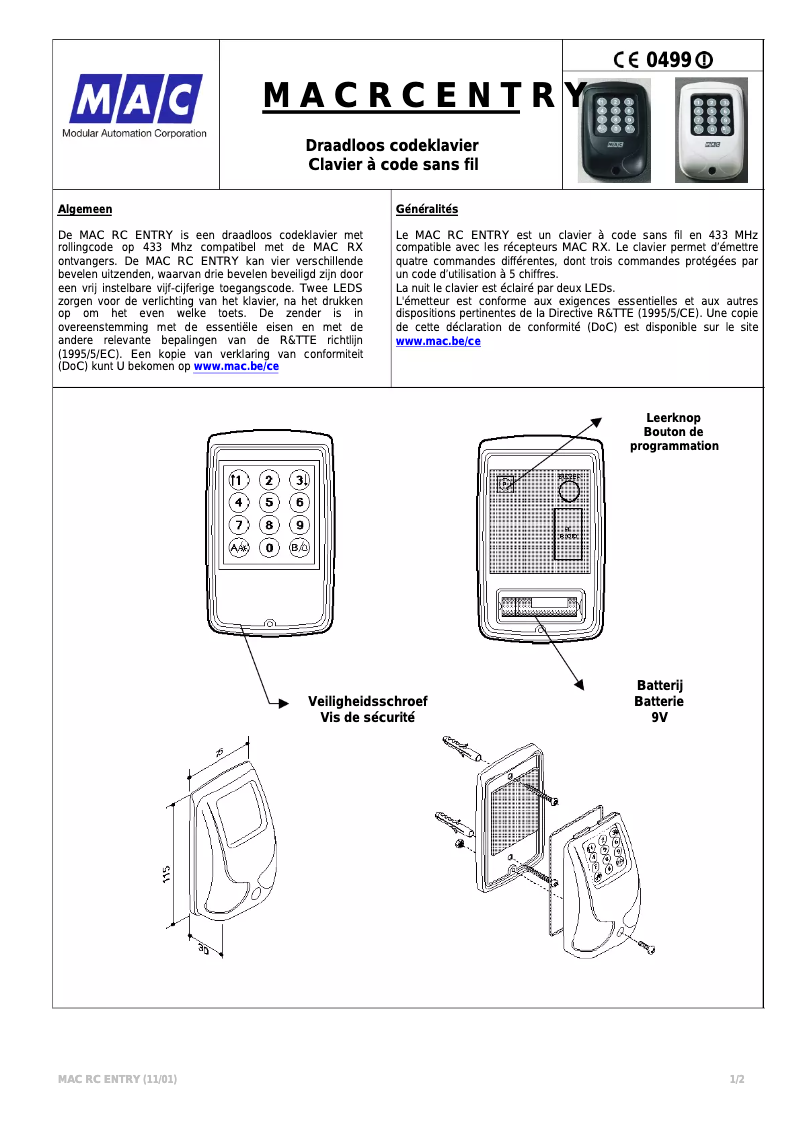 Page n°1 - Manuel utilisateur MAC RC Entry