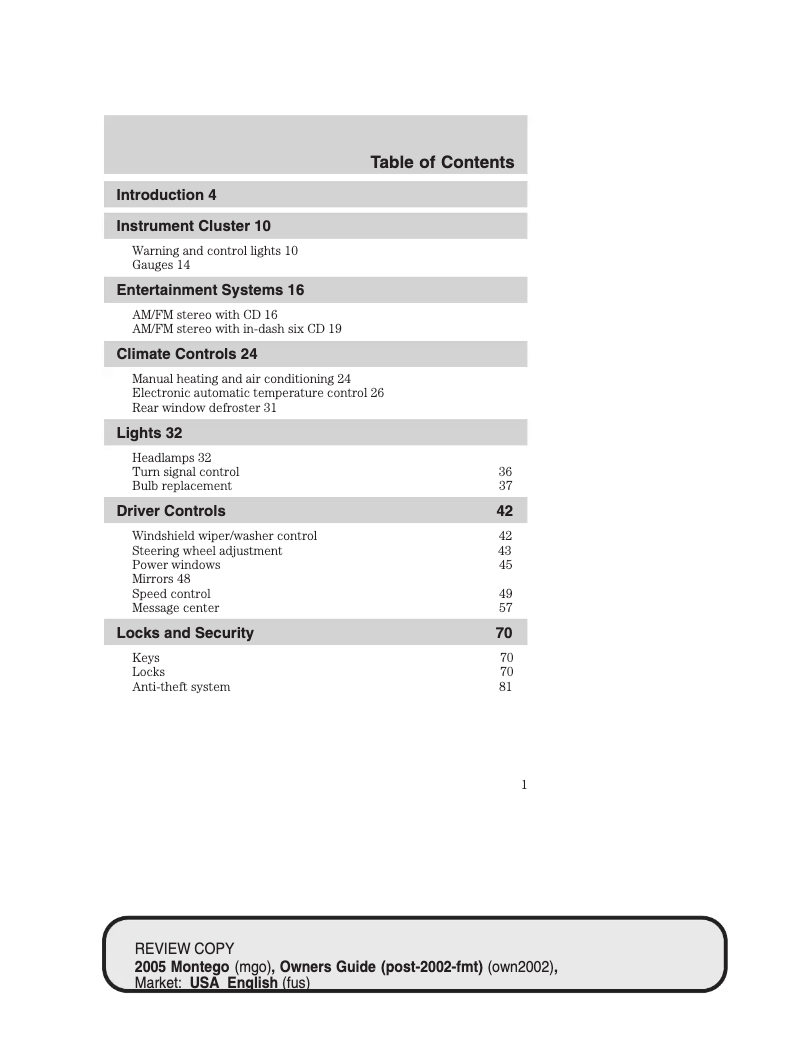 Page 1 de la notice Manuel utilisateur Mercury Montego (2005)