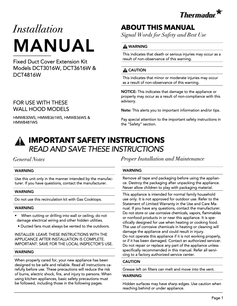 Page 1 de la notice Guide d'installation Thermador DCT3616W
