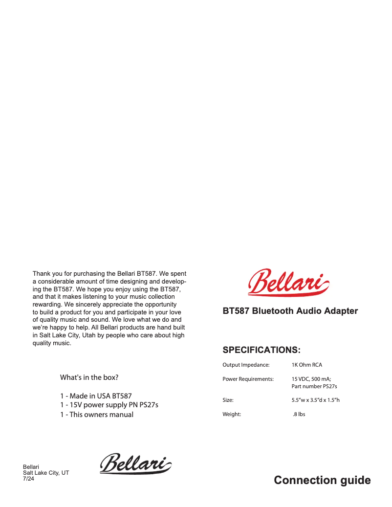 Page 1 de la notice Manuel utilisateur Bellari BT587