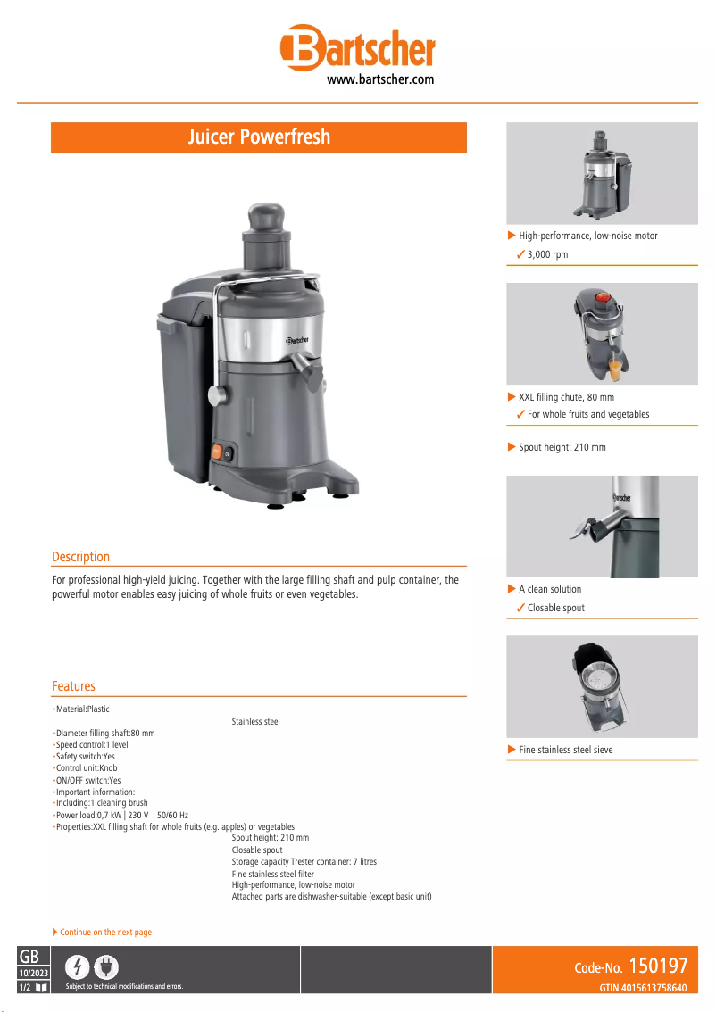 Page 1 de la notice Fiche technique Bartscher Powerfresh 150197