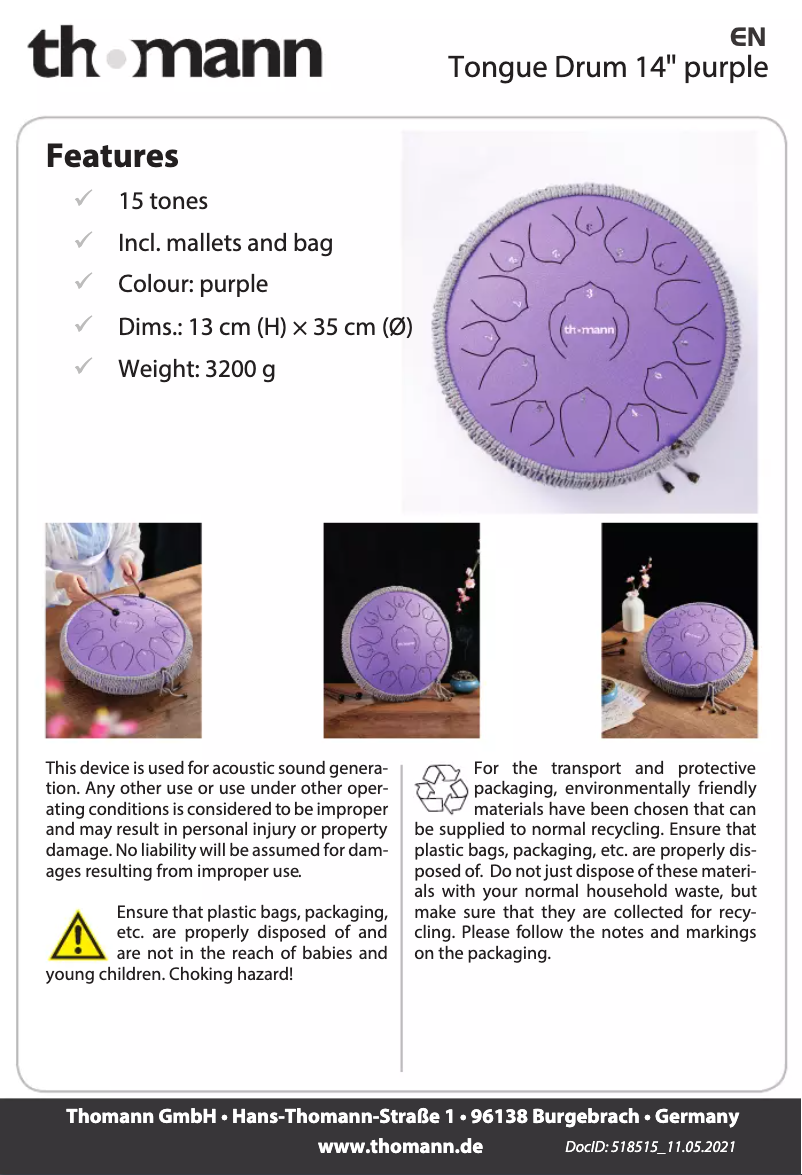 Page 1 de la notice Manuel utilisateur Thomann Tongue Drum 14