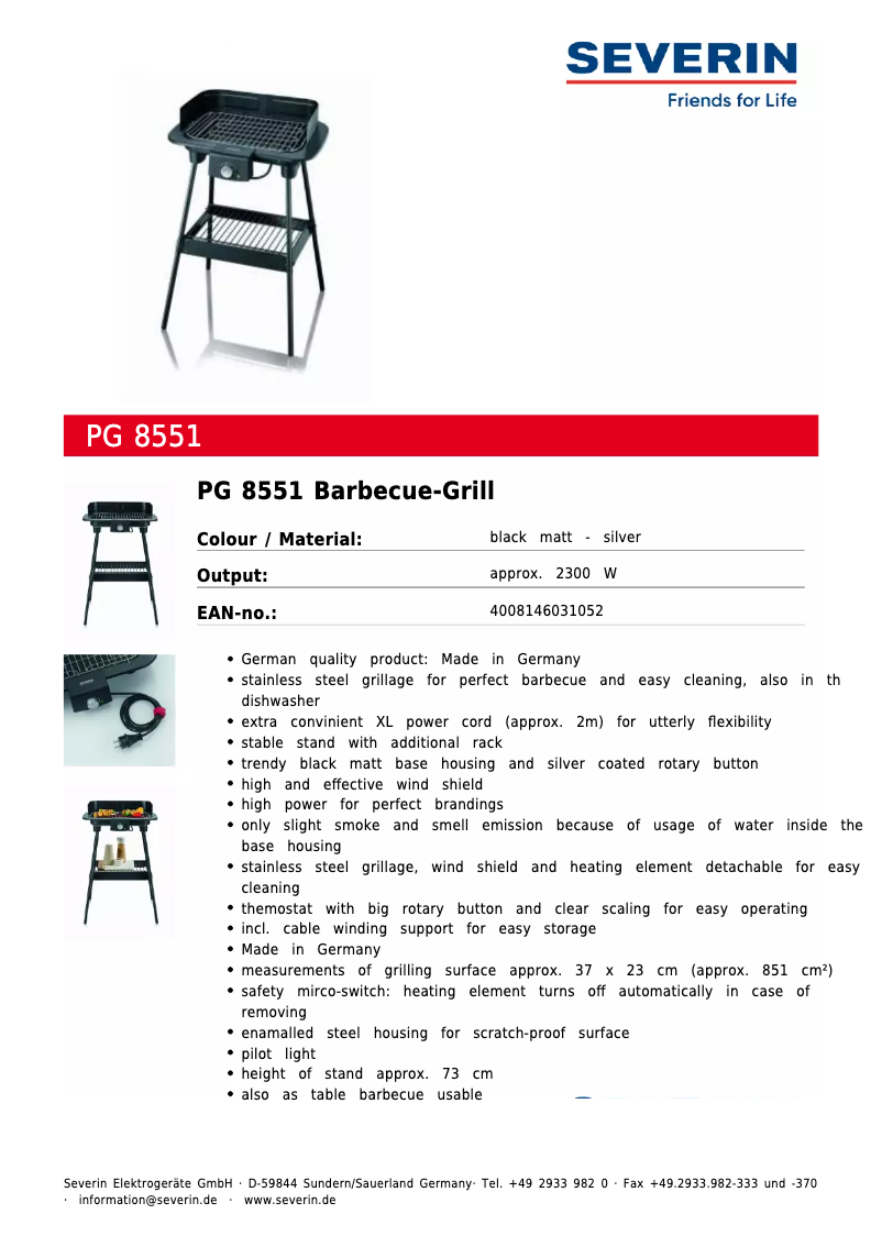 Page 1 de la notice Fiche technique Severin PG 8551