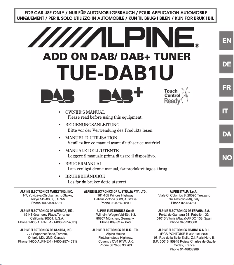 Page 1 de la notice Manuel utilisateur Alpine TUE-DAB1U