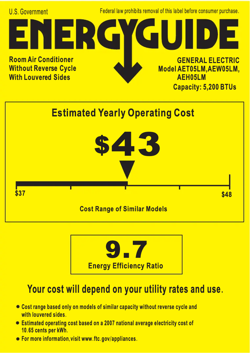 Page 1 de la notice Label énergétique GE AEH05LM