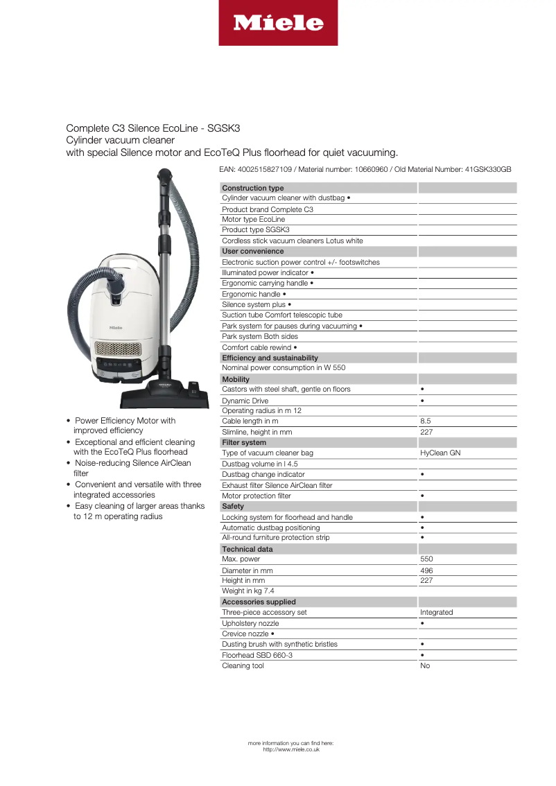 Page 1 de la notice Fiche technique Miele Complete C3 Silence EcoLine