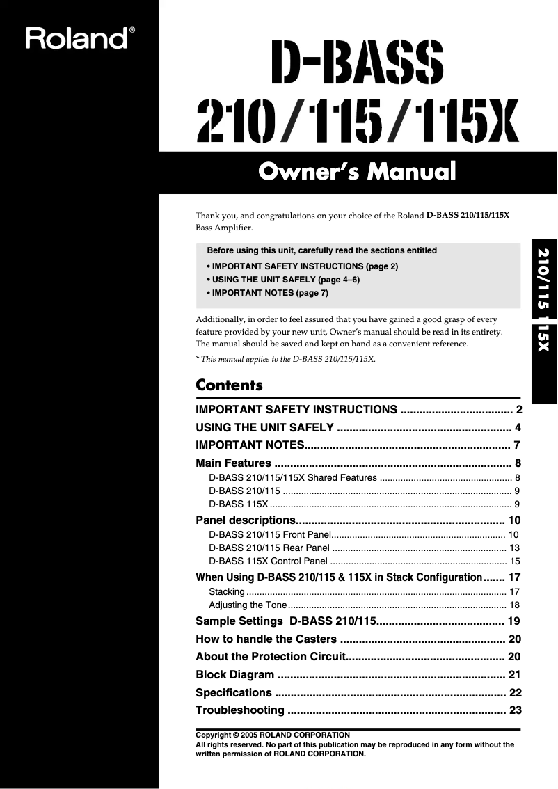 Page 1 de la notice Manuel utilisateur Roland D-BASS 115X