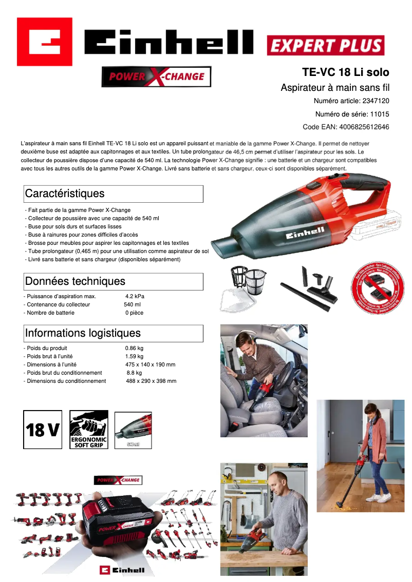 Page n°1 - Fiche technique Einhell TE-VC 18 Li - Solo