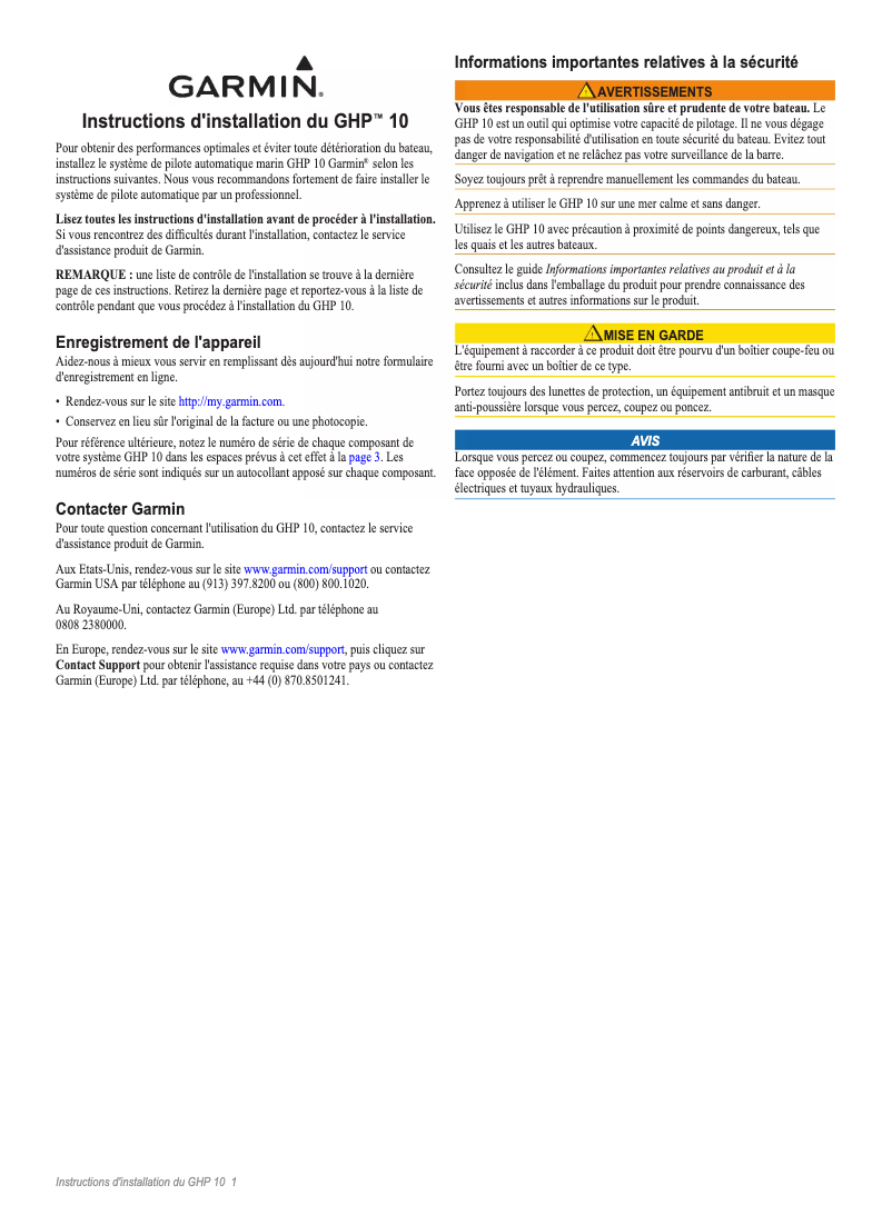 Page 1 de la notice Guide d'installation Garmin GHP 10