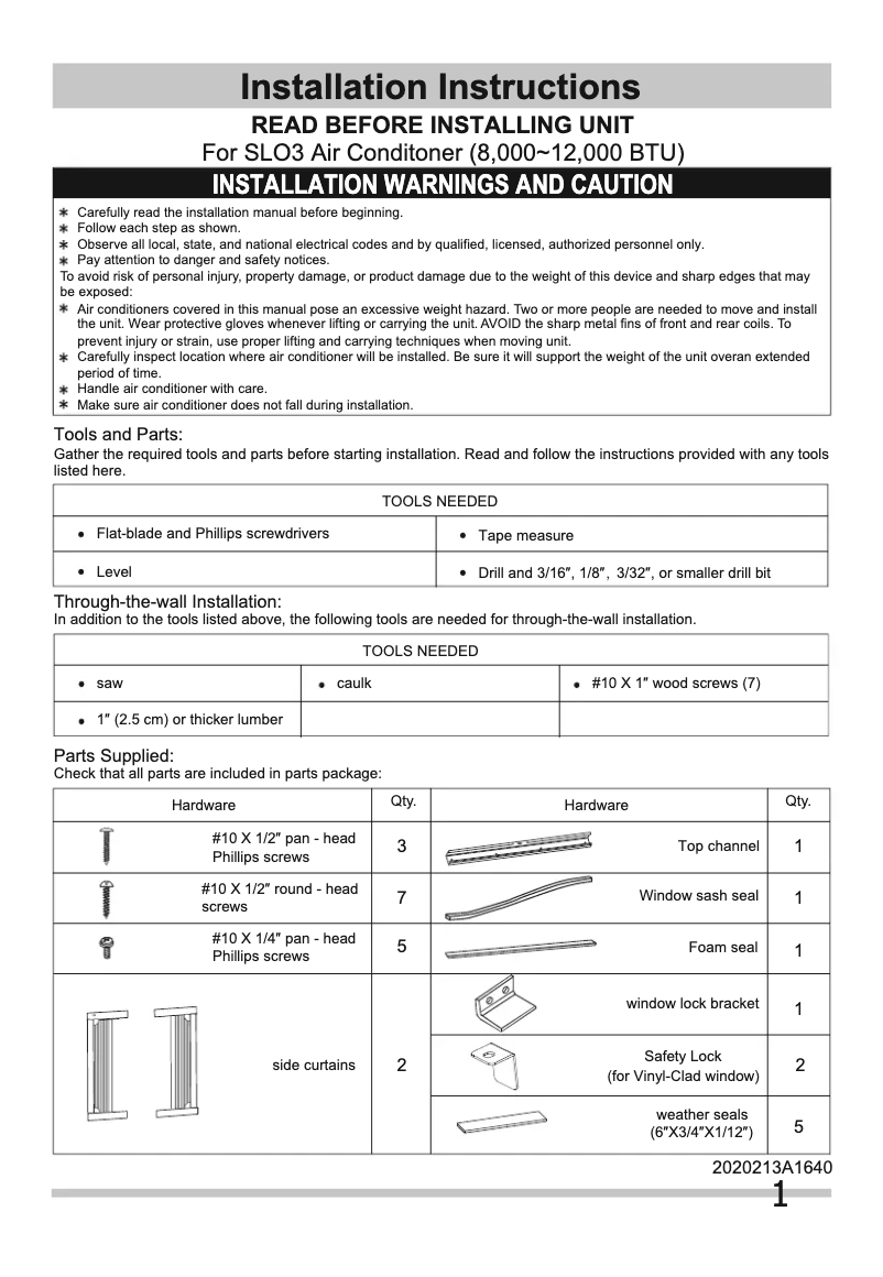 Page n°1 - Guide d'installation Frigidaire FFRH0822R1