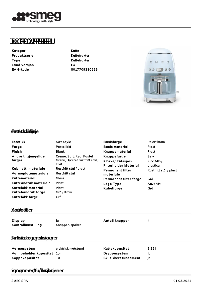 Page n°1 - Fiche technique Smeg DCF02