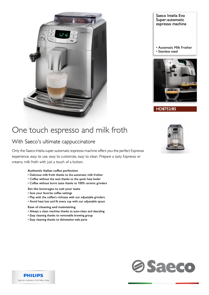 Página 1 del manual Ficha técnica Philips Saeco Intelia Evo HD8752