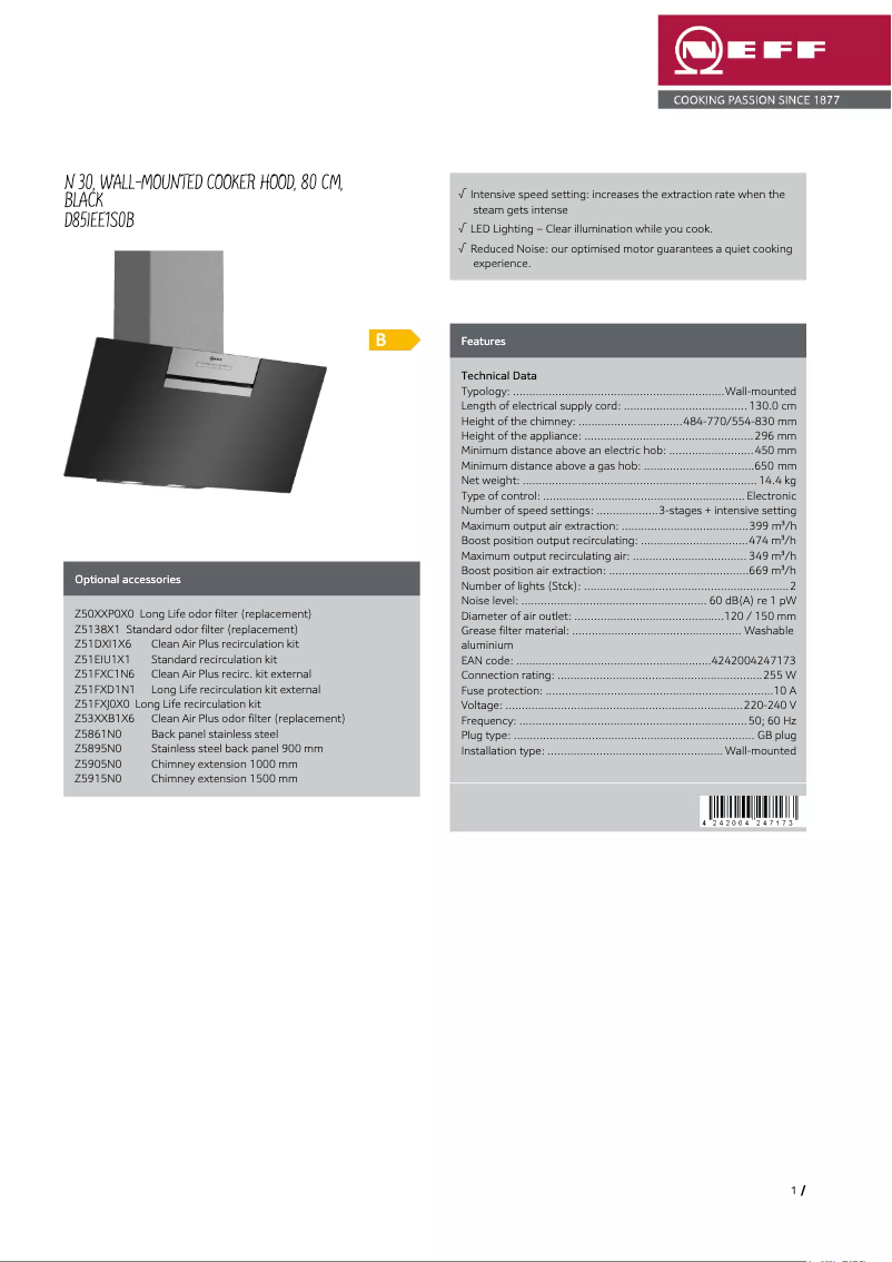 Page 1 de la notice Fiche technique Neff D85IEE1S0B