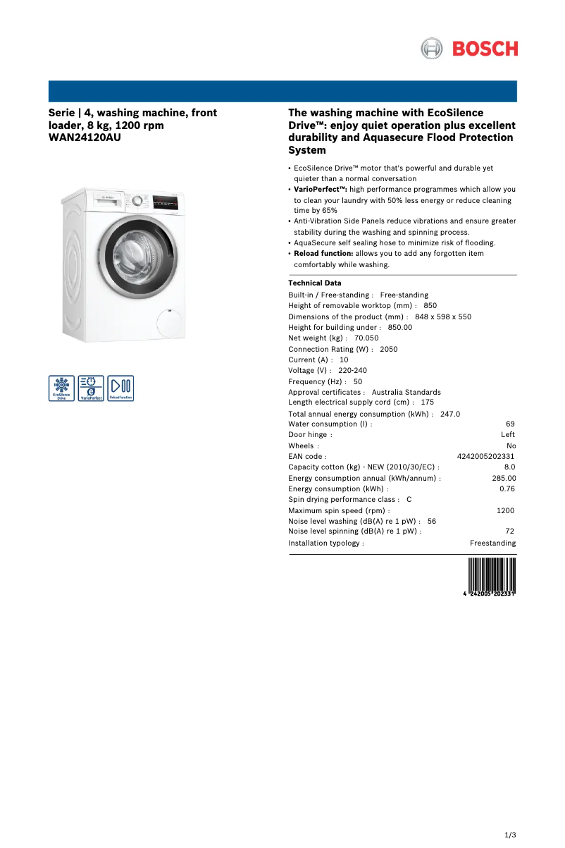 Page n°1 - Fiche technique Bosch WAN24120AU