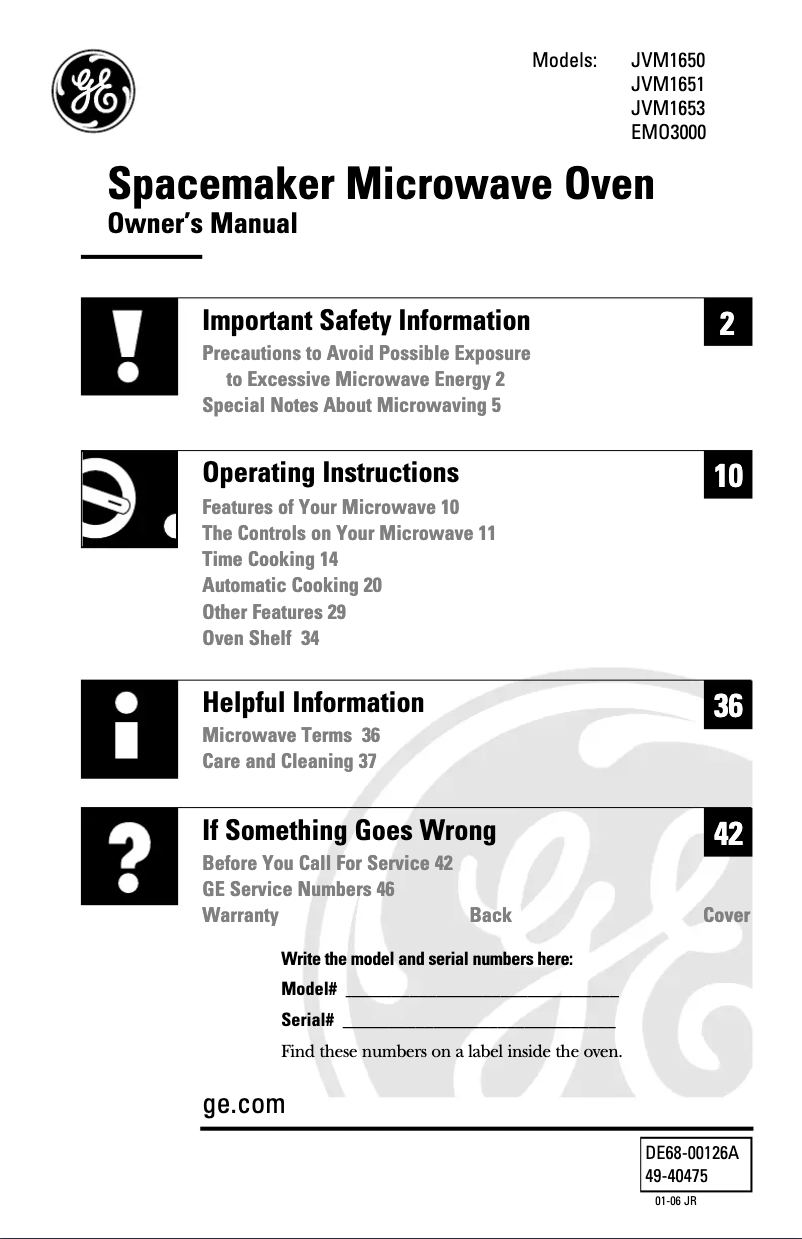 Page 1 of the manual Use and Maintenance Manual GE JVM1653WH