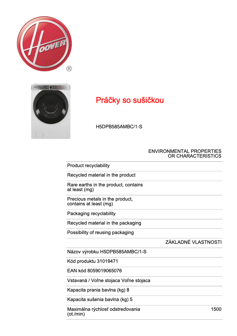 Page n°1 - Fiche technique Hoover H5DPB585AMBC/1-S