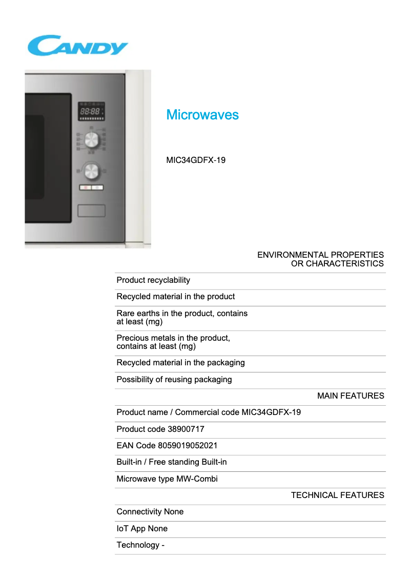 Page 1 de la notice Fiche technique Candy MIC34GDFX-19