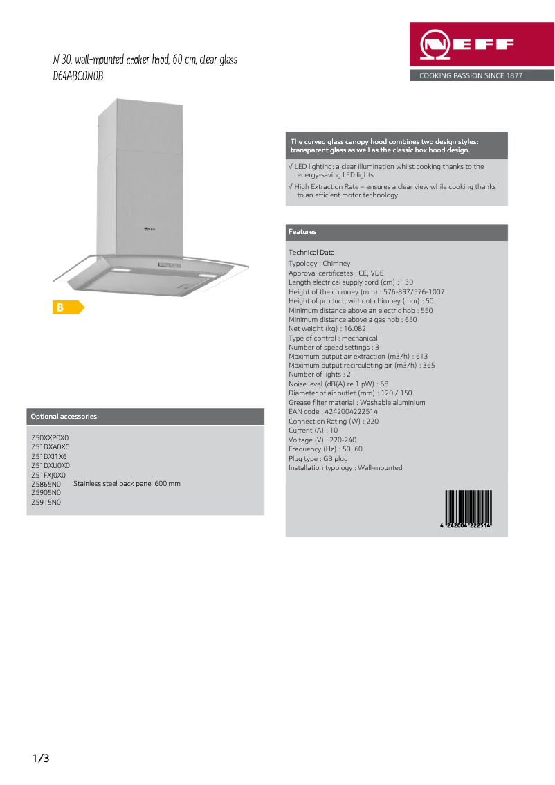 Page 1 de la notice Fiche technique Neff D64ABC0N0B