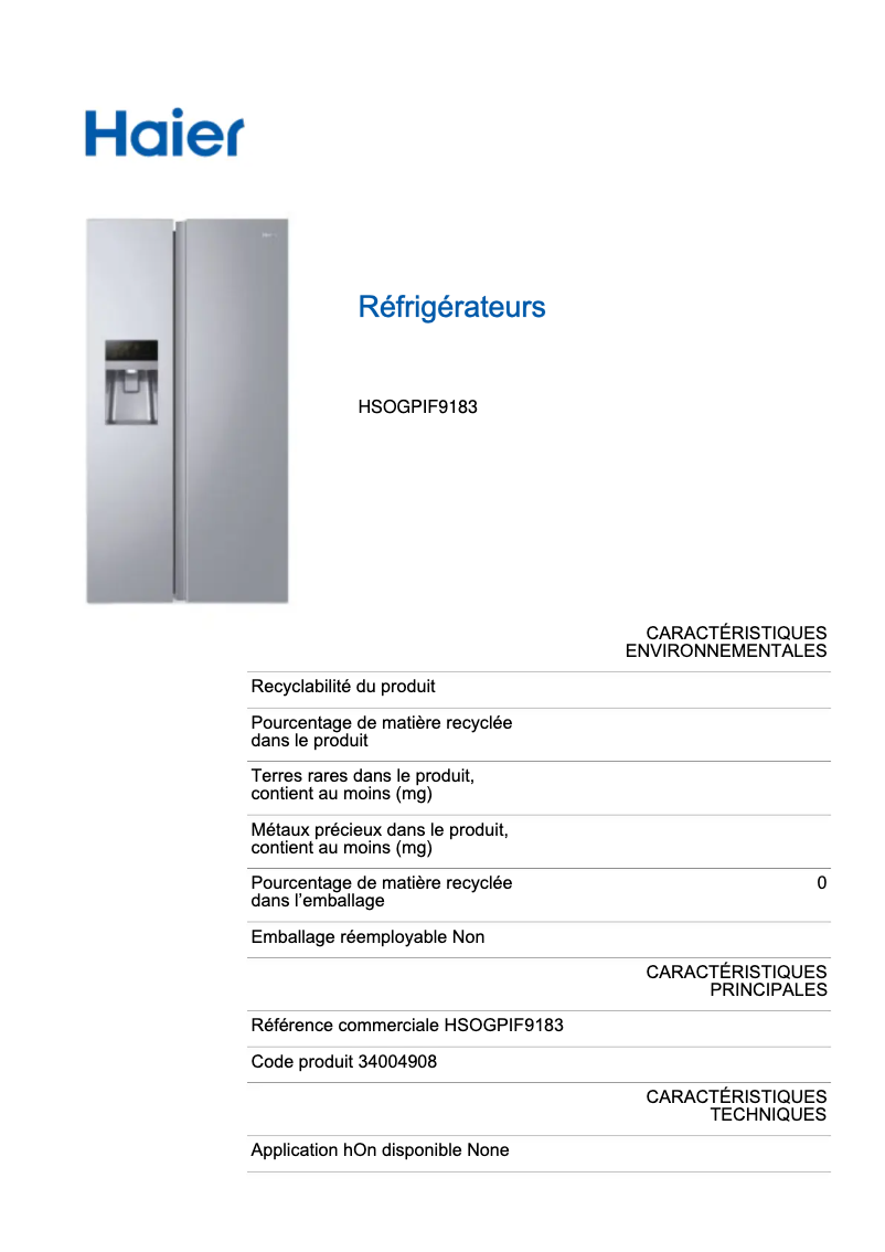 Page n°1 - Label énergétique Haier HSOGPIF9183