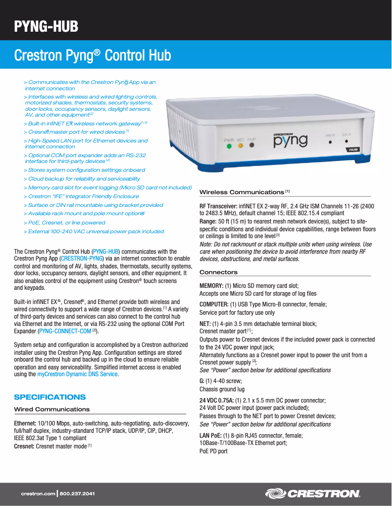 Page 1 de la notice Manuel utilisateur Crestron PYNG-HUB