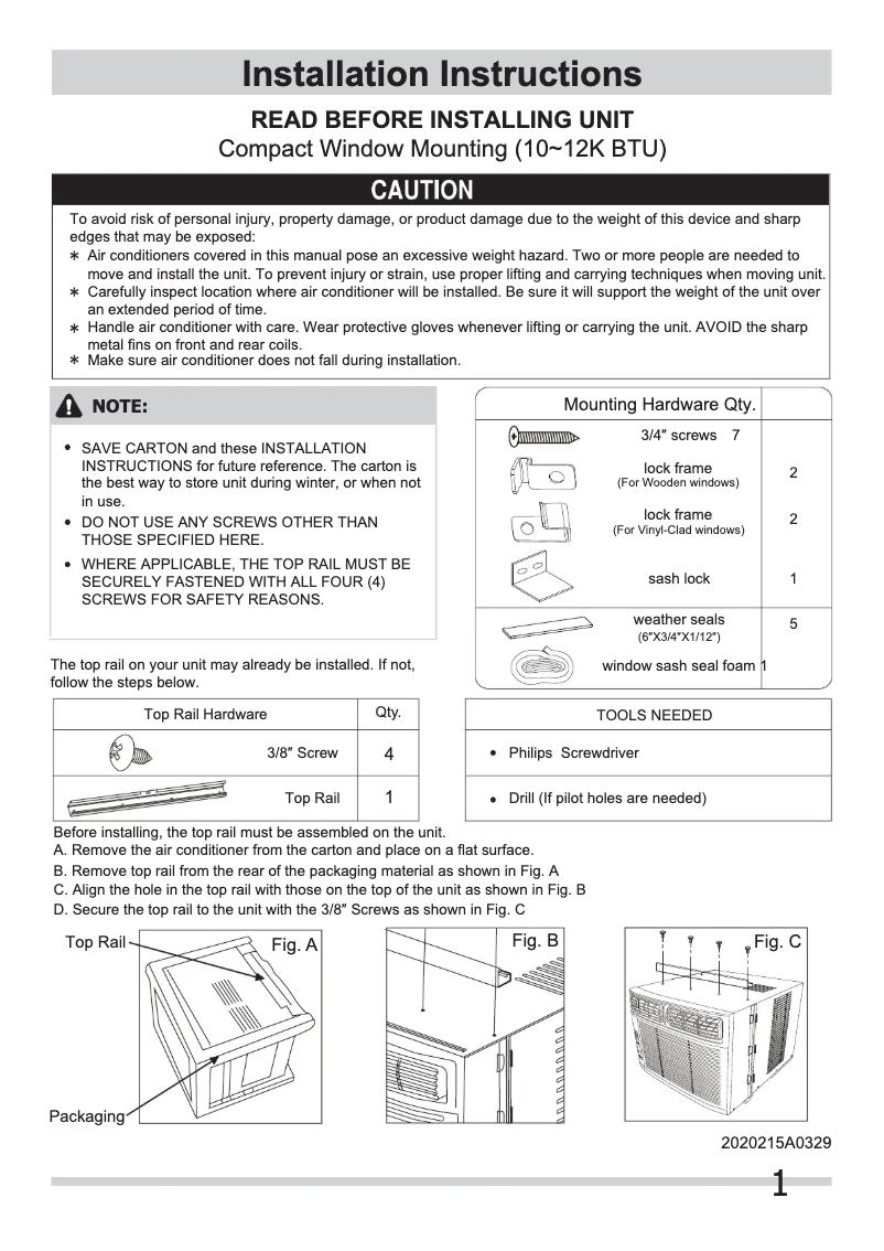 Page 1 de la notice Guide d'installation Frigidaire FRA103BT1