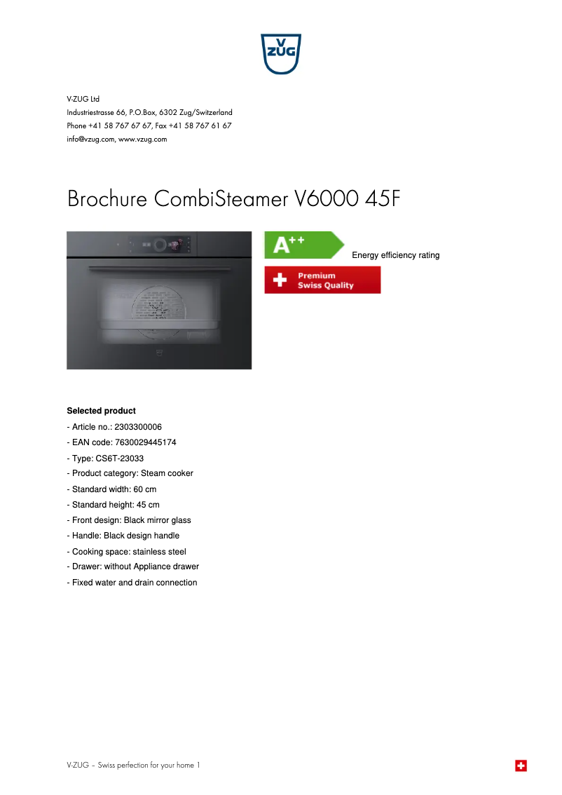 Page 1 de la notice Brochure V-Zug CombiSteamer V6000 45F