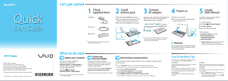 Page 1 de la notice Guide d'installation Sony Vaio VPCF1390S