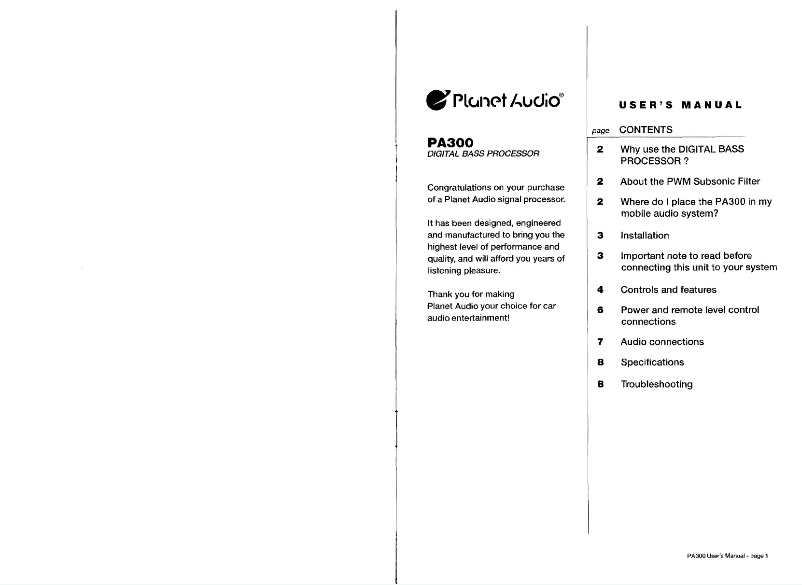 Page n°1 - Manuel utilisateur Planet Audio PA300