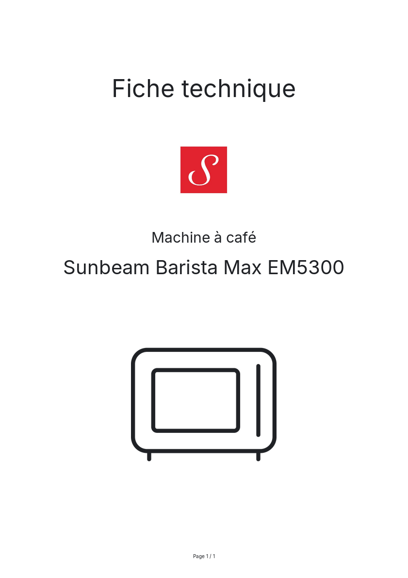 Page n°1 - Fiche technique Sunbeam Barista Max EM5300