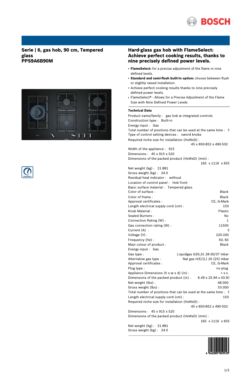 Page 1 of the manual Technical Sheet Bosch PPS9A6B90M