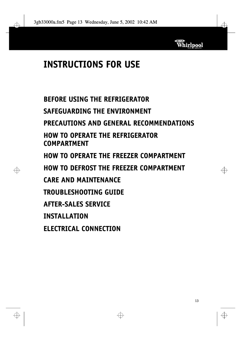 Page 1 de la notice Manuel utilisateur Whirlpool ARZ 564