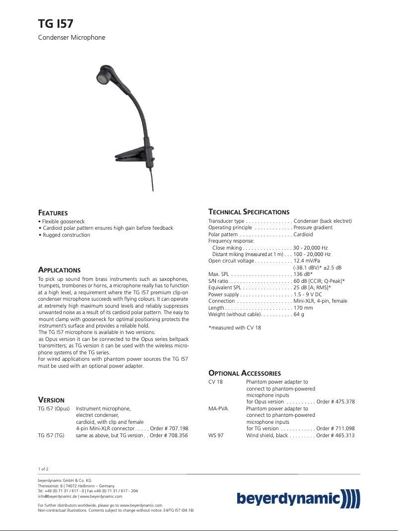 Page n°1 - Fiche technique Beyerdynamic TG I57