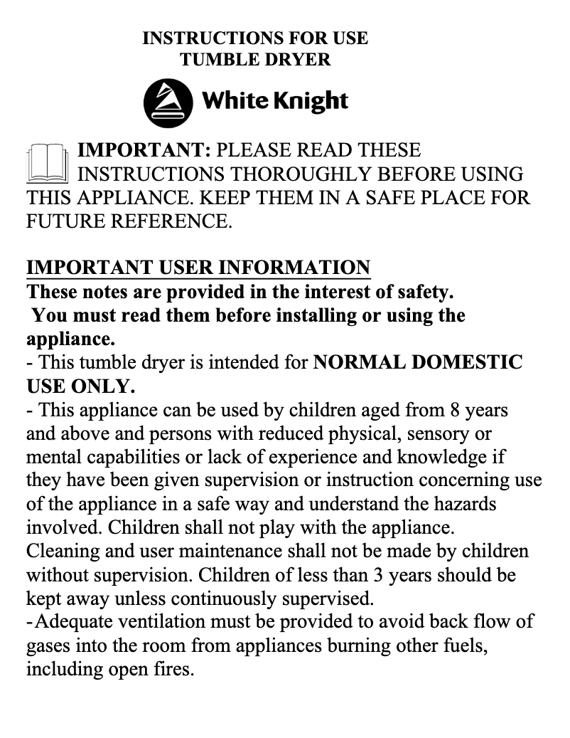 Page 1 de la notice Manuel utilisateur White Knight C37AS