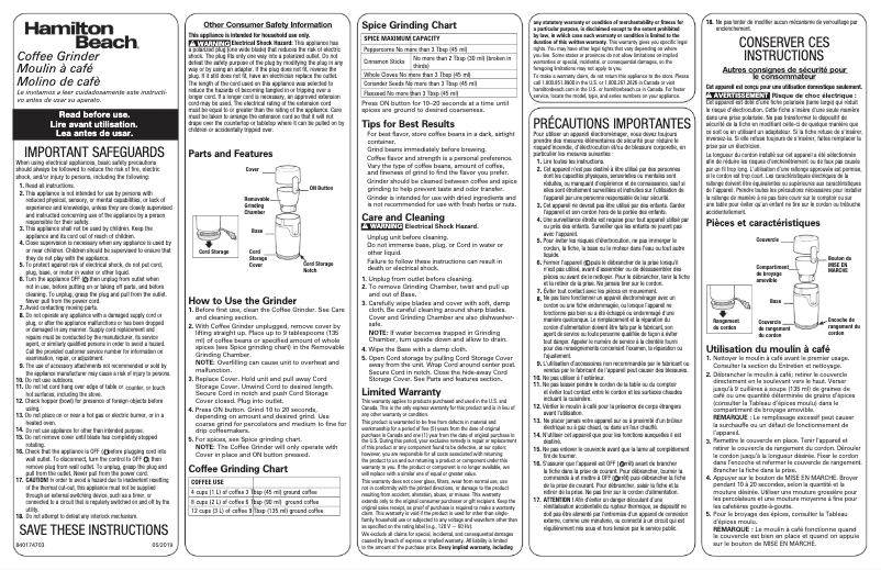 Page 1 de la notice Manuel d'utilisation et d'entretien Hamilton Beach Fresh Grind 80335