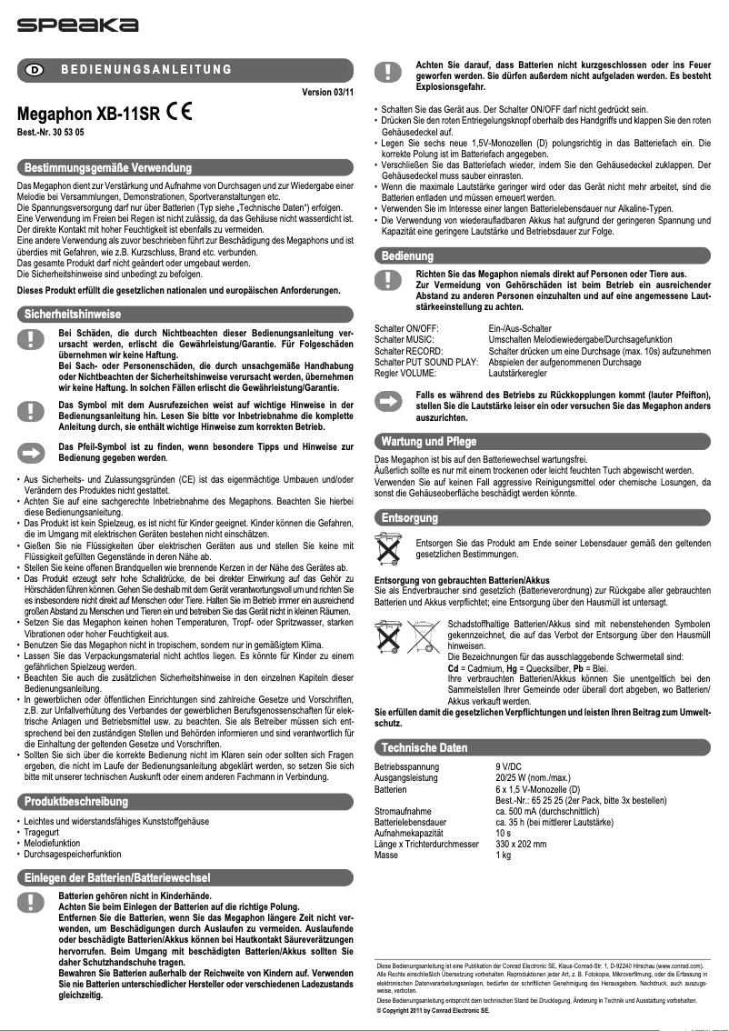 Page n°1 - Manuel utilisateur Speaka XB-11SR