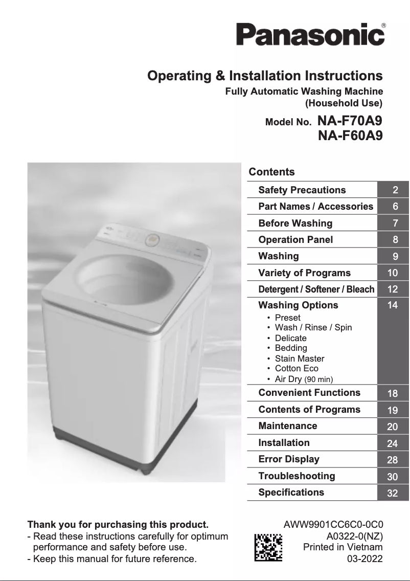 Imagen de la primera página del manual del dispositivo NA-F60A9