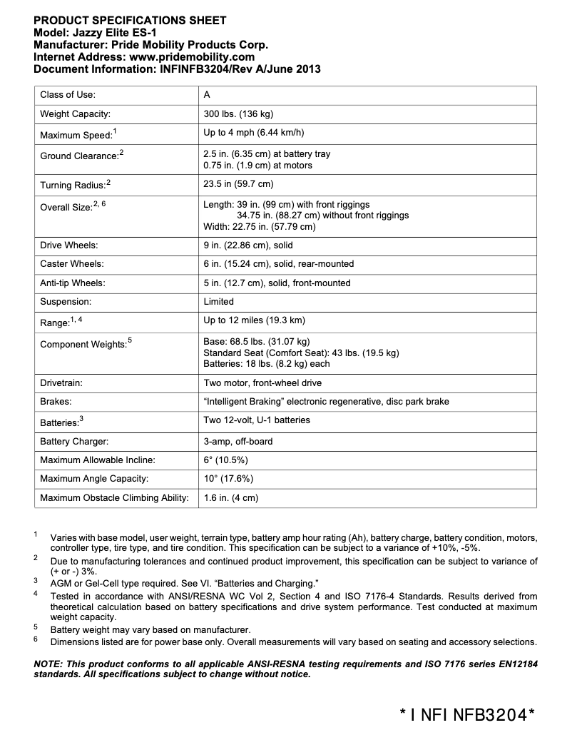 Page 1 de la notice Fiche technique Pride Jazzy Elite ES-1