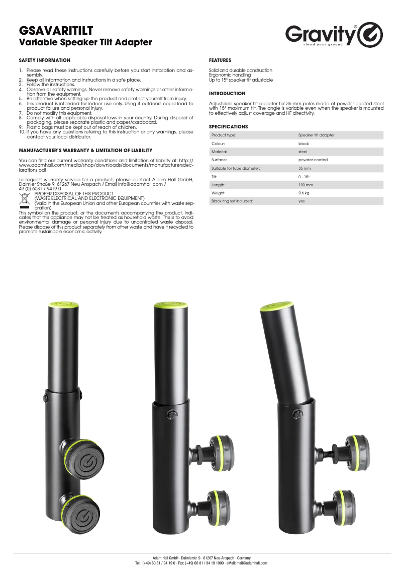 Page n°1 - Manuel utilisateur Gravity SA Vari-tilt
