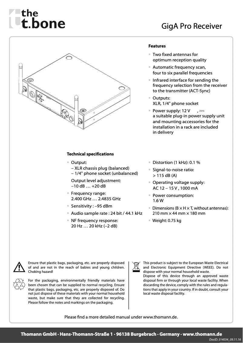 Page 1 de la notice Manuel utilisateur the t.bone GigA Pro Receiver
