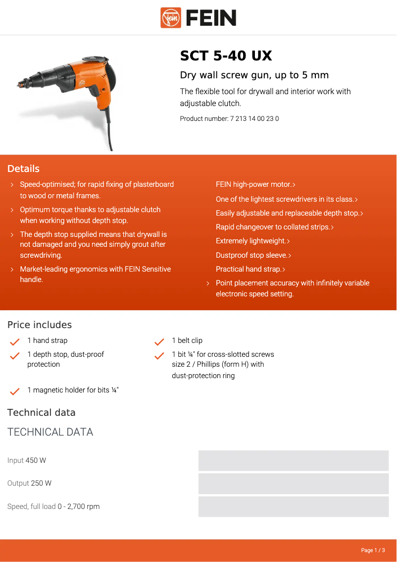 Page 1 de la notice Fiche technique Fein SCT 5-40 UX
