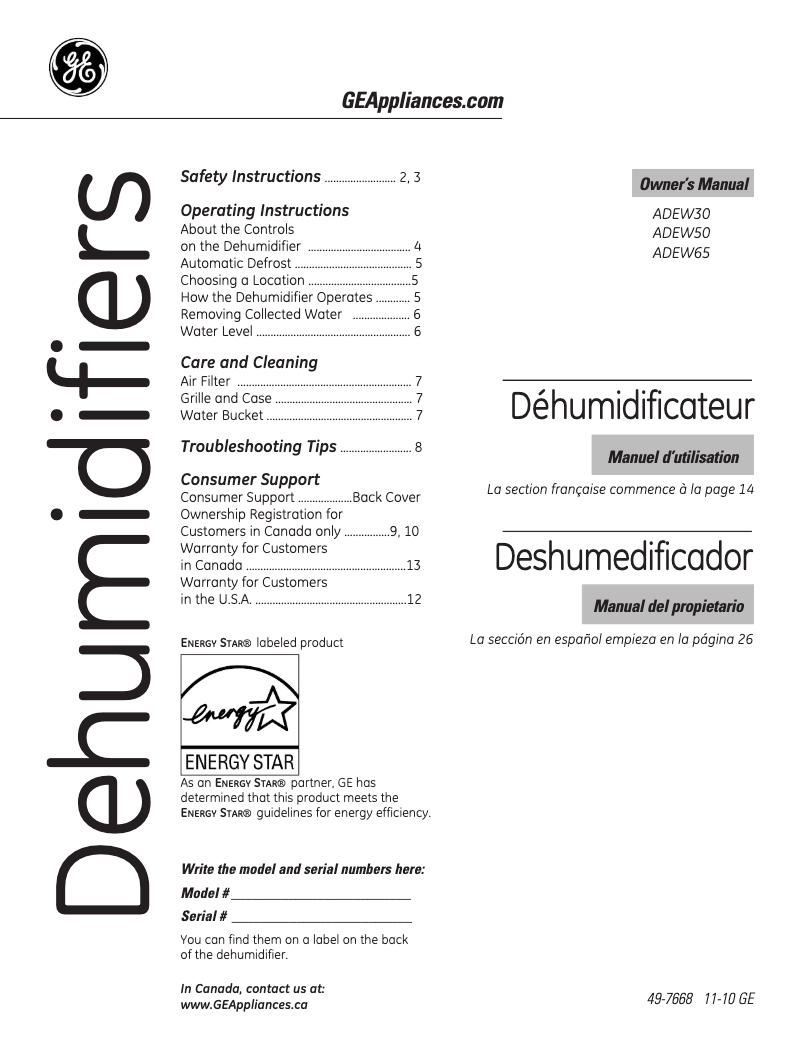 Page 1 de la notice Manuel utilisateur GE ADEW30LP