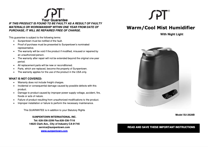 Page 1 de la notice Manuel d'utilisation et d'entretien SPT SU-2628