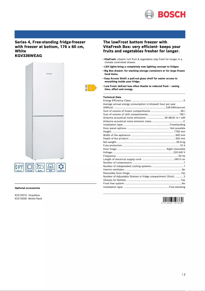 Page n°1 - Fiche technique Bosch KGV336WEAG