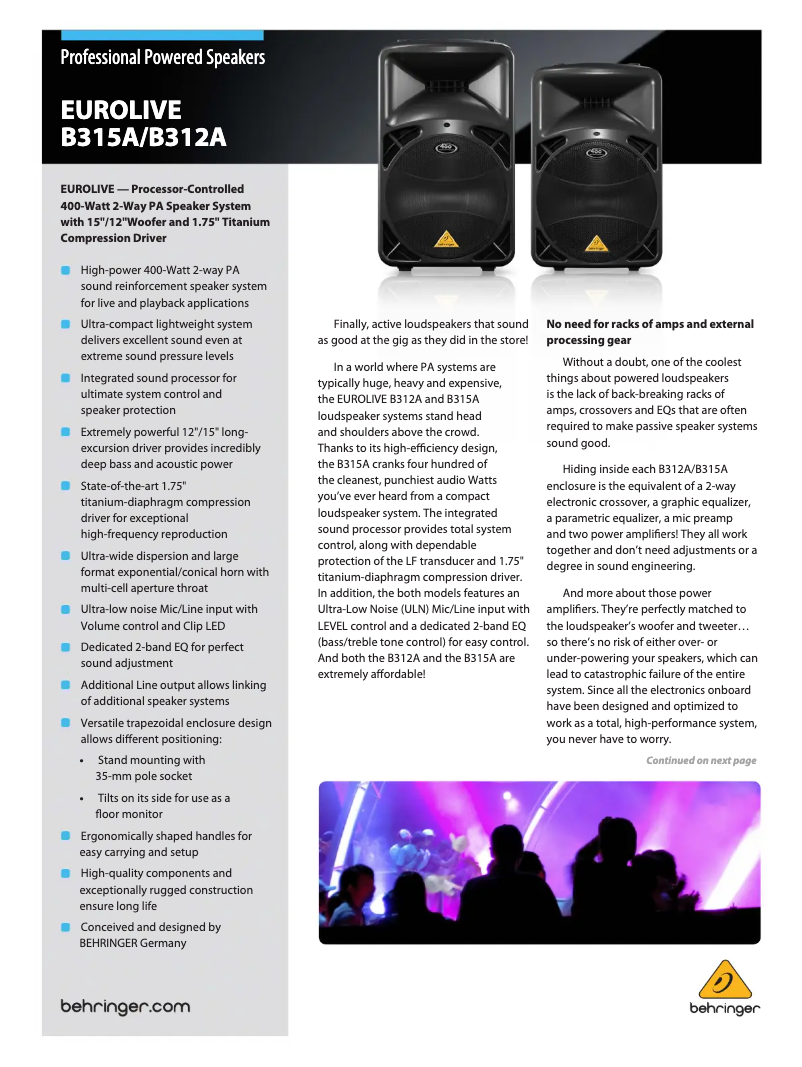 Page 1 de la notice Brochure Behringer Eurolive B315A