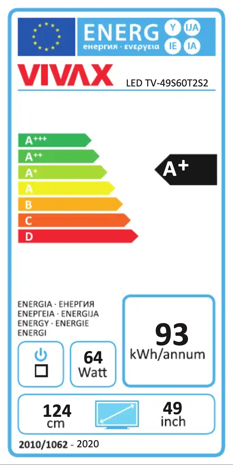 Page 1 de la notice Label énergétique Vivax TV-49S60T2S2